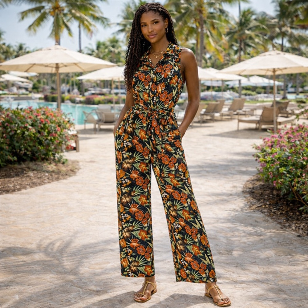 KATHIE LEE COLLECTION Vintage Floral Crinkle Jumpsuit Size Small(4/6) Tropical